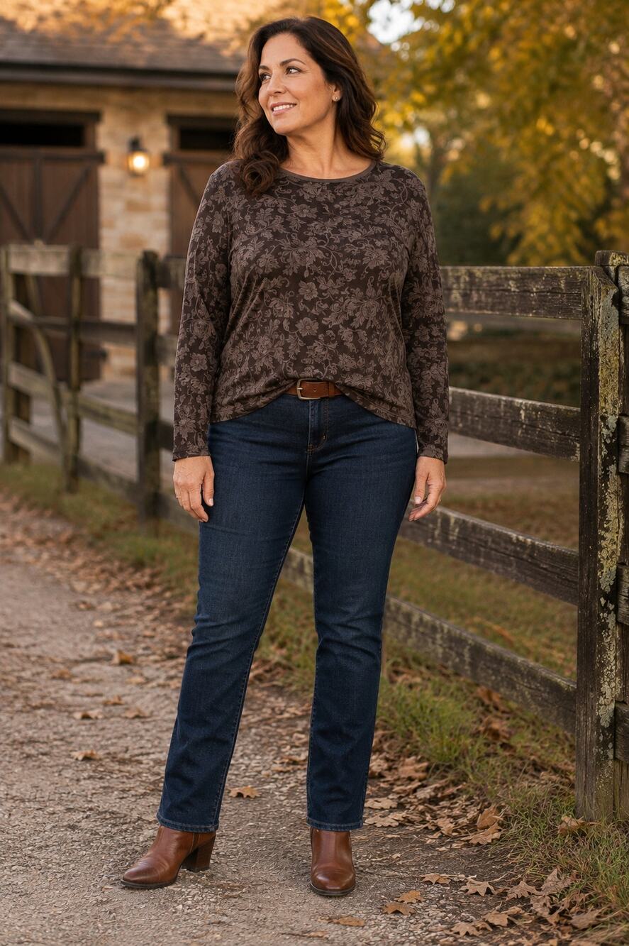 Lauren Ralph Lauren Black Gray Floral Scroll Cotton Long Sleeve Top Plus 2X